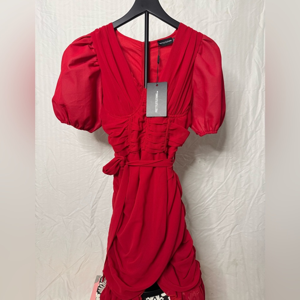 PrettyLittleThing Red Mini Dress with Puff Sleeves